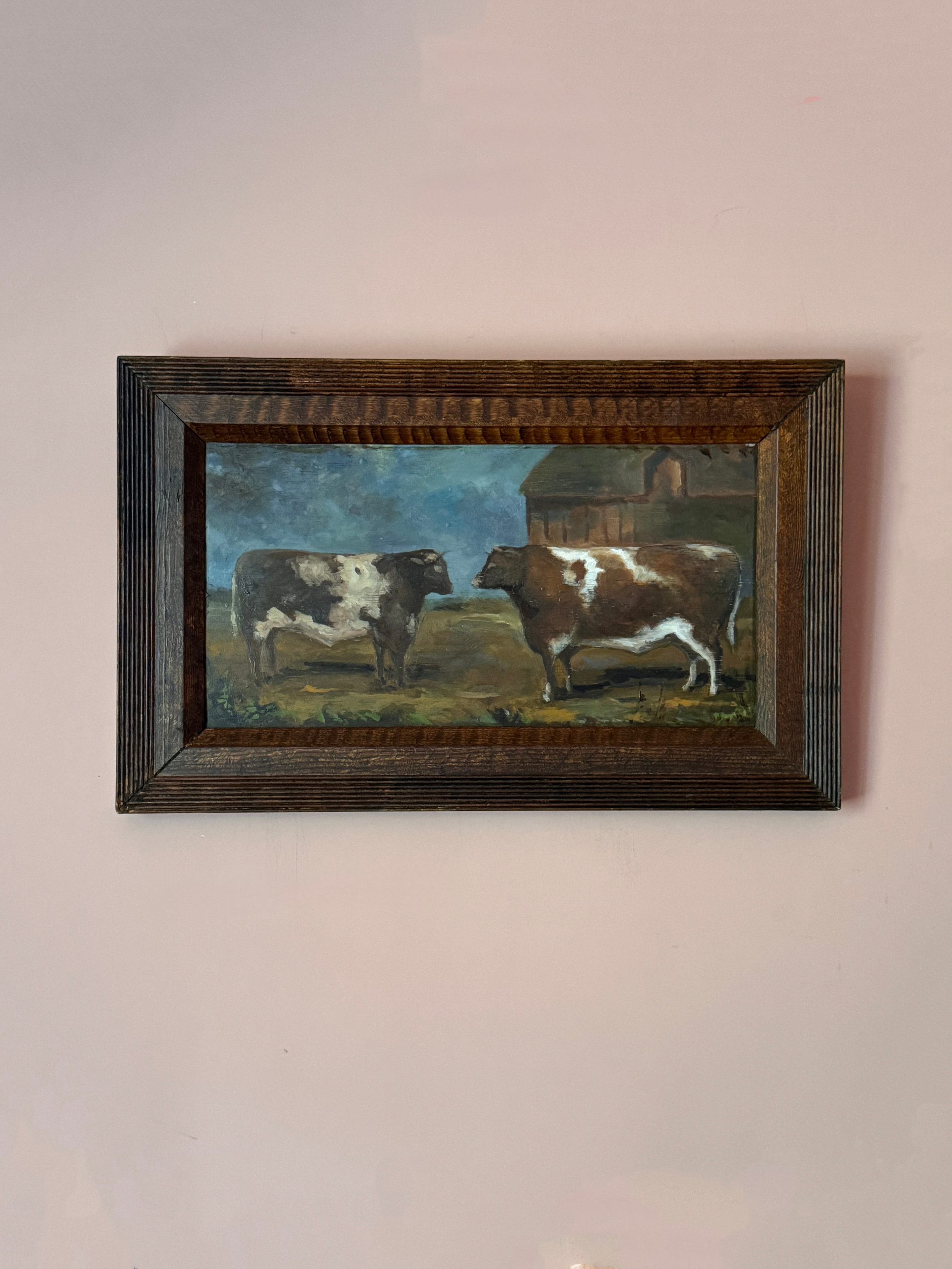 19th Century Primitive Painting of Two Cows