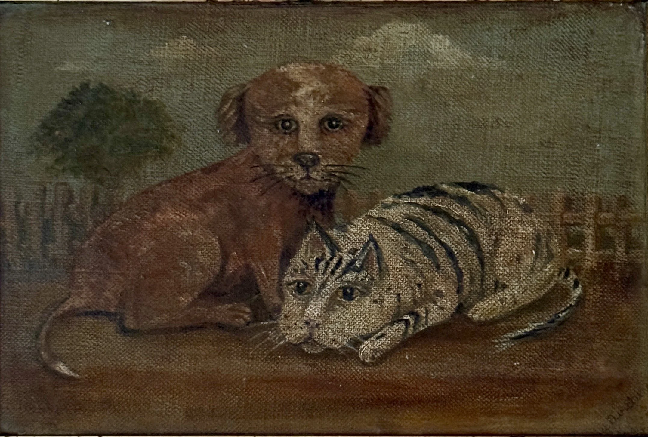 19th Century Folk Art Dog and Cat Painting