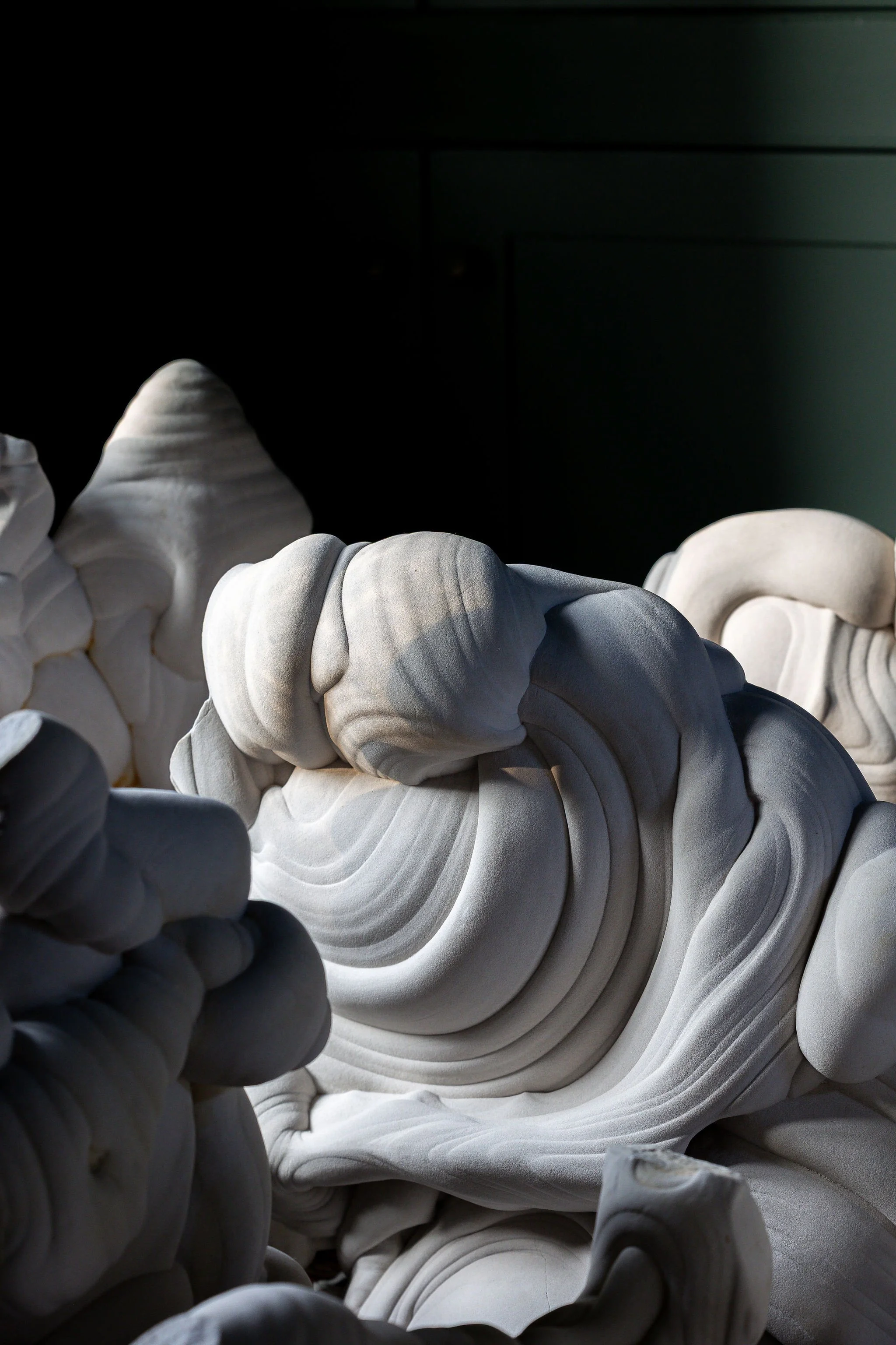 Close-up of carved white gogottes featuring swirling patterns and curving forms, with a dark background and dramatic lighting highlighting the texture.
