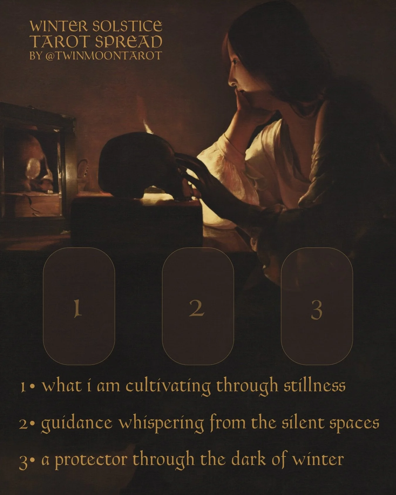 winter solstice tarot spread in three cards: 

1&bull; what i am cultivating through stillness2&bull; guidance whispering from the silent spaces3&bull; a protector through the dark of winter

I used to fret over coming up with new tarot spreads eve