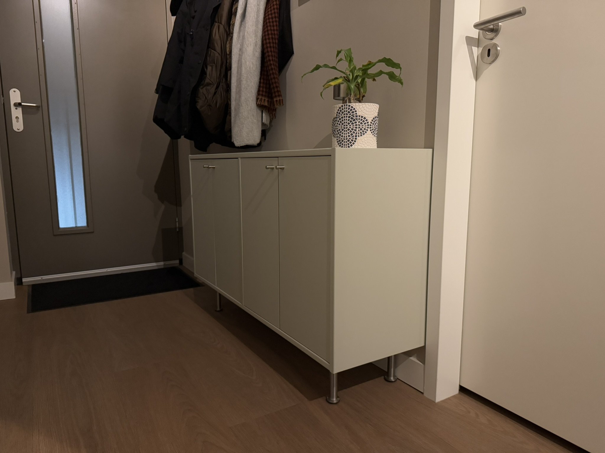 Entryway with a closed door, coat rack with jackets and scarves, a white cabinet with a potted plant on top, hardwood floor, and a white door on the right.
