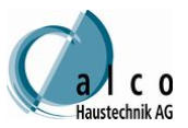 Logo der Haustechnik AG mit blauem Kreisdesign und schwarzem Text.