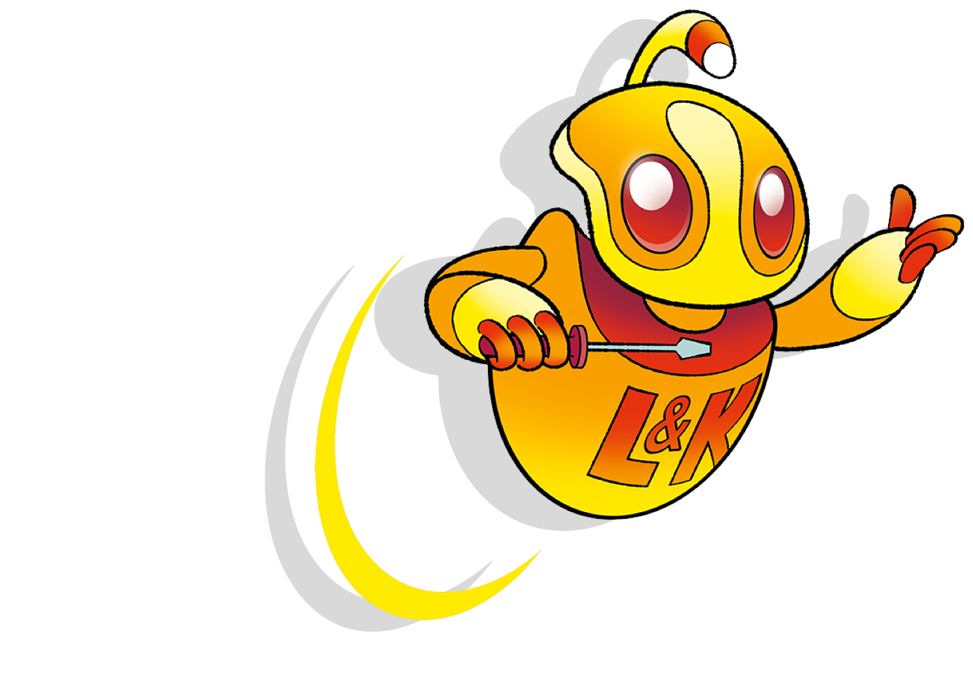 Ein cartoonartiger blaubeinkleiner Weltraumroboter mit Gelb-Orange-Farbton, großen roten Augen, bewaffnet mit einem kleinen Speer, trägt Kleidung mit dem Schriftzug L&K, schwebt im Raum mit einem Halbmond hinter ihm.