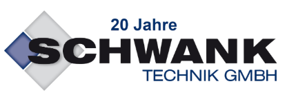 Logo der Firma "Schwann Technik GmbH" mit Text "20 Jahre SCHWANK Technik GmbH" in Schwarz, Blau und Grau.