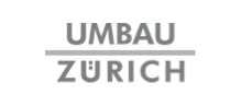 Schwarzes Bild mit weißen Text: 'Umbau Zürich'.