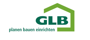 Logo mit einem grünen Haus und den Buchstaben 'GLB', darunter der Schriftzug 'plänen bauen einrichten'