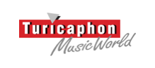 Logo mit dem Text 'Turicaphon Music World' auf schwarzem Hintergrund