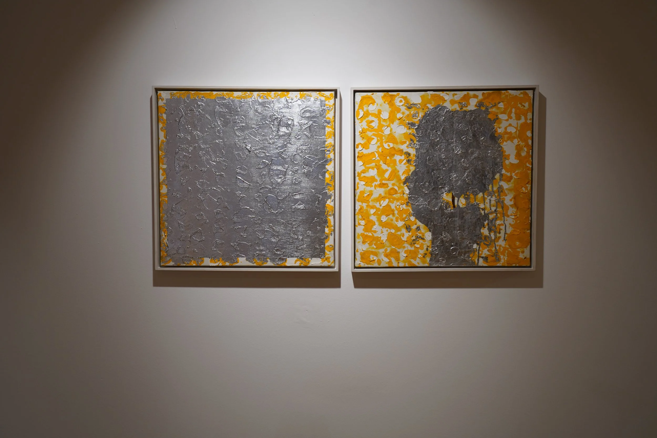 2006_Helianthusschatten silber & Steinbild silber, jeweils 50 x 50 cm, Mischtechnik auf Leinwand 