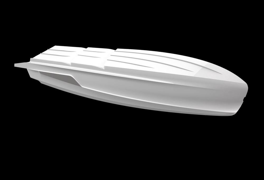 Underwater profile of the Sterk hull, showing twin steps, reverse chines as well as individual skids.