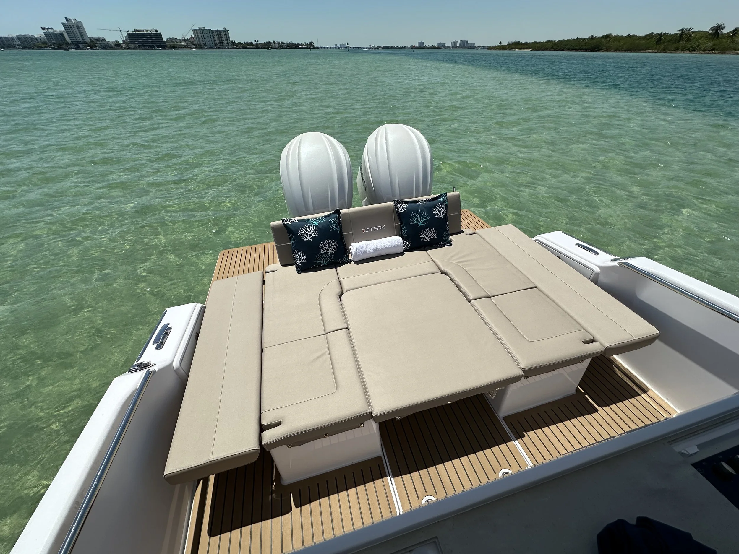Back of a boat with beige cushioned seating and a tan deck, facing a body of green water with buildings in the distance.