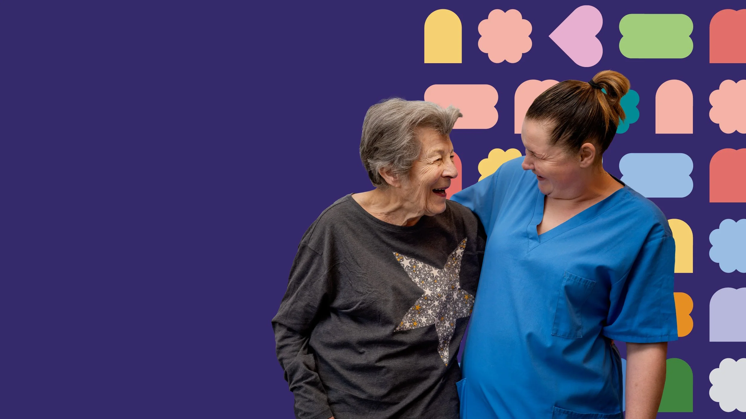 Carer and resident smiling together against Keychange branded background