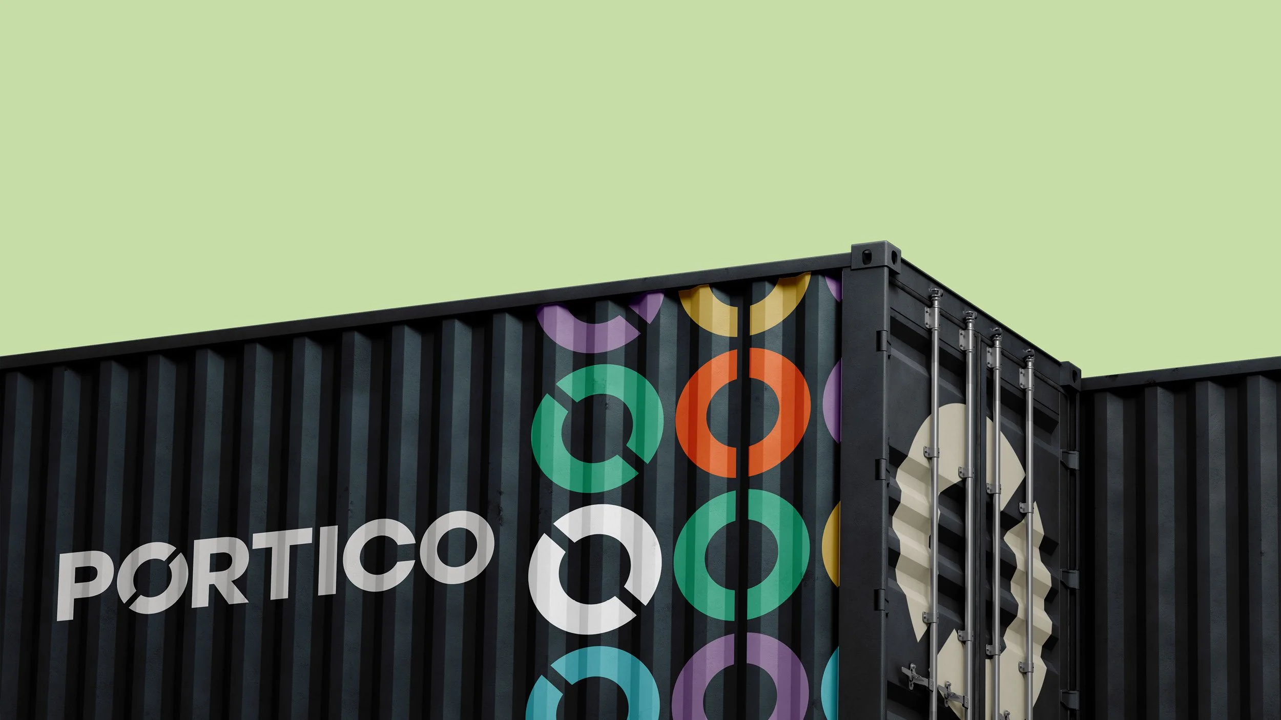 A shipping container showing the portico branding
