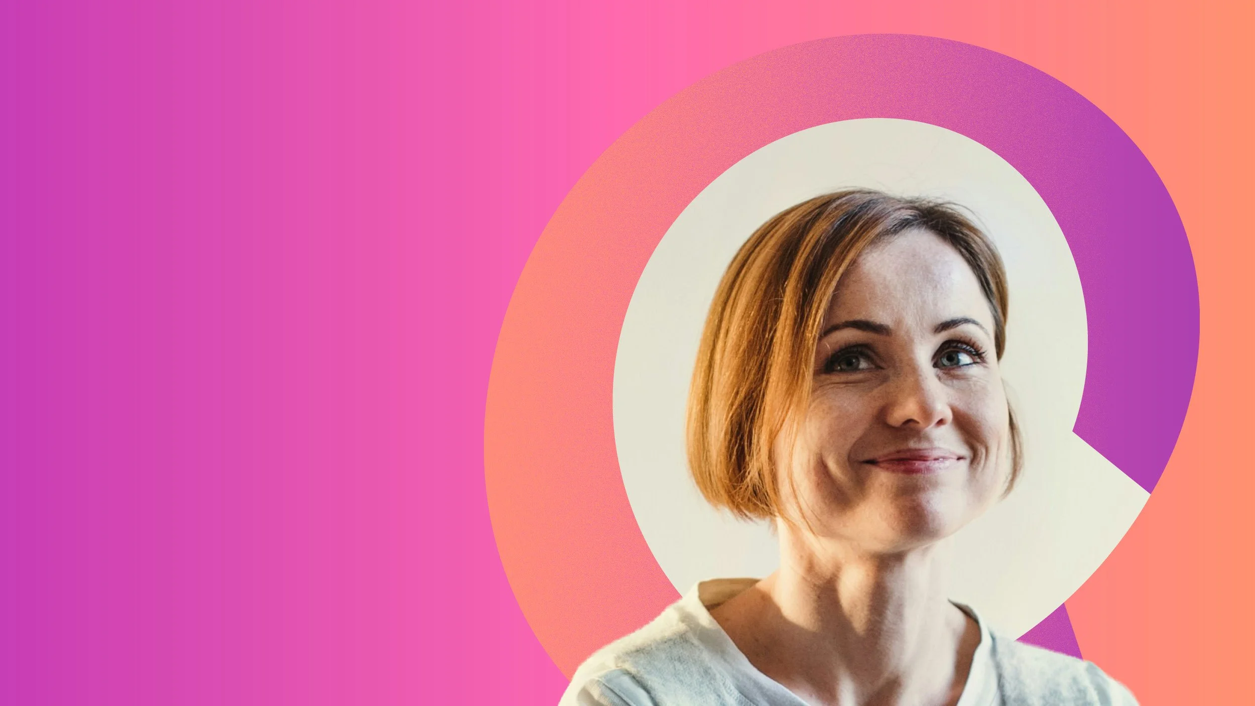 Image of a smiling woman in front of the charities symbol