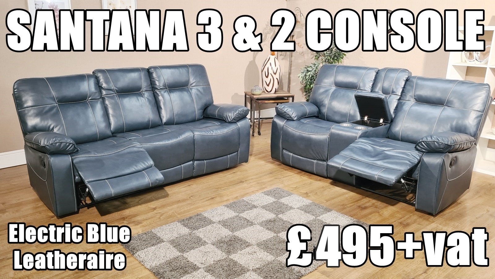 SANTANA 3 & 2 SEAT RECLINER featuring console in the 2 seat, Electric Blue leatheraire.
£495+vat for the set