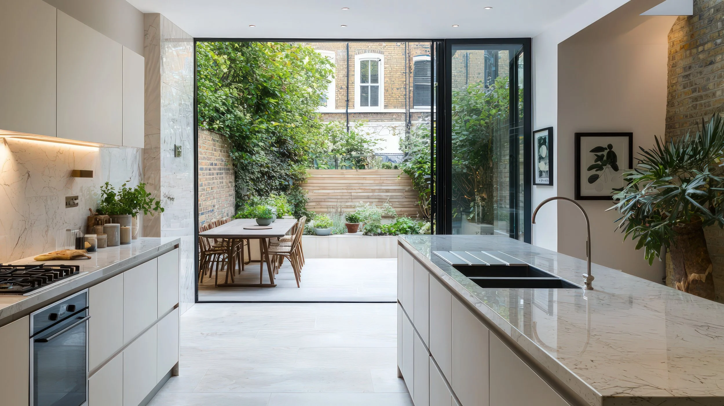 Modern kitchen with white cabinets, marble countertops, and a large window opening to a patio with greenery and a wooden privacy fence.