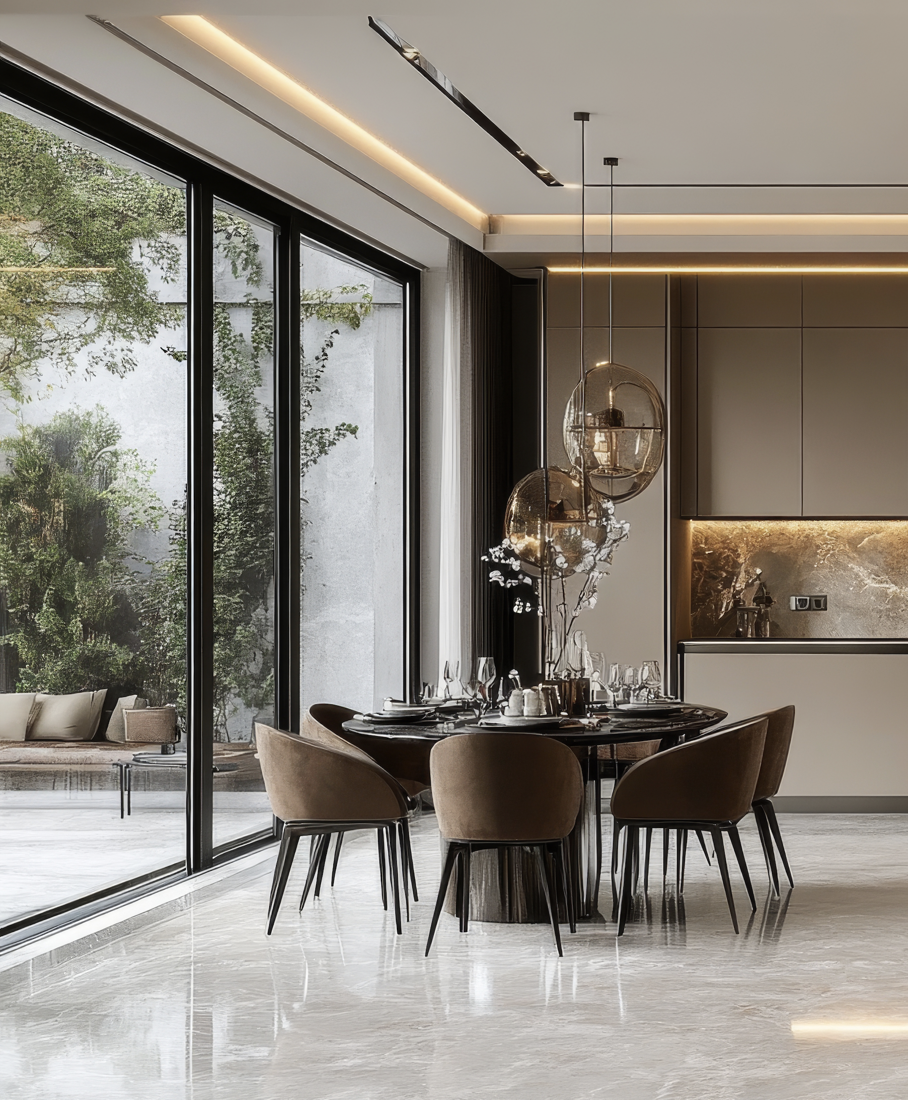 Modern dining room with a round table, six beige upholstered chairs, elegant glass pendant lights, and large sliding glass doors leading to an outdoor patio with greenery.