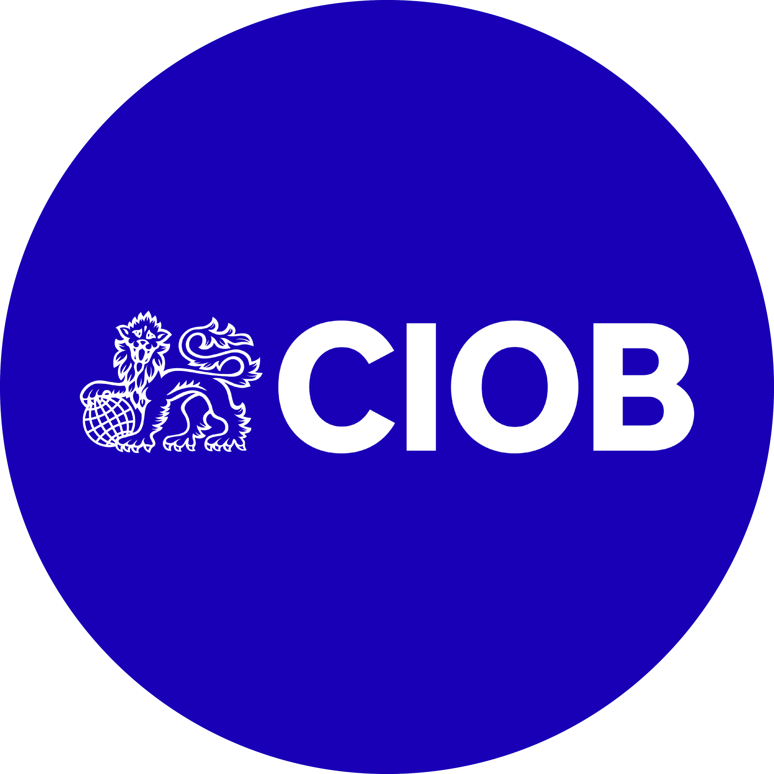 CIOB logo featuring a white lion holding a globe, on a blue circular background.