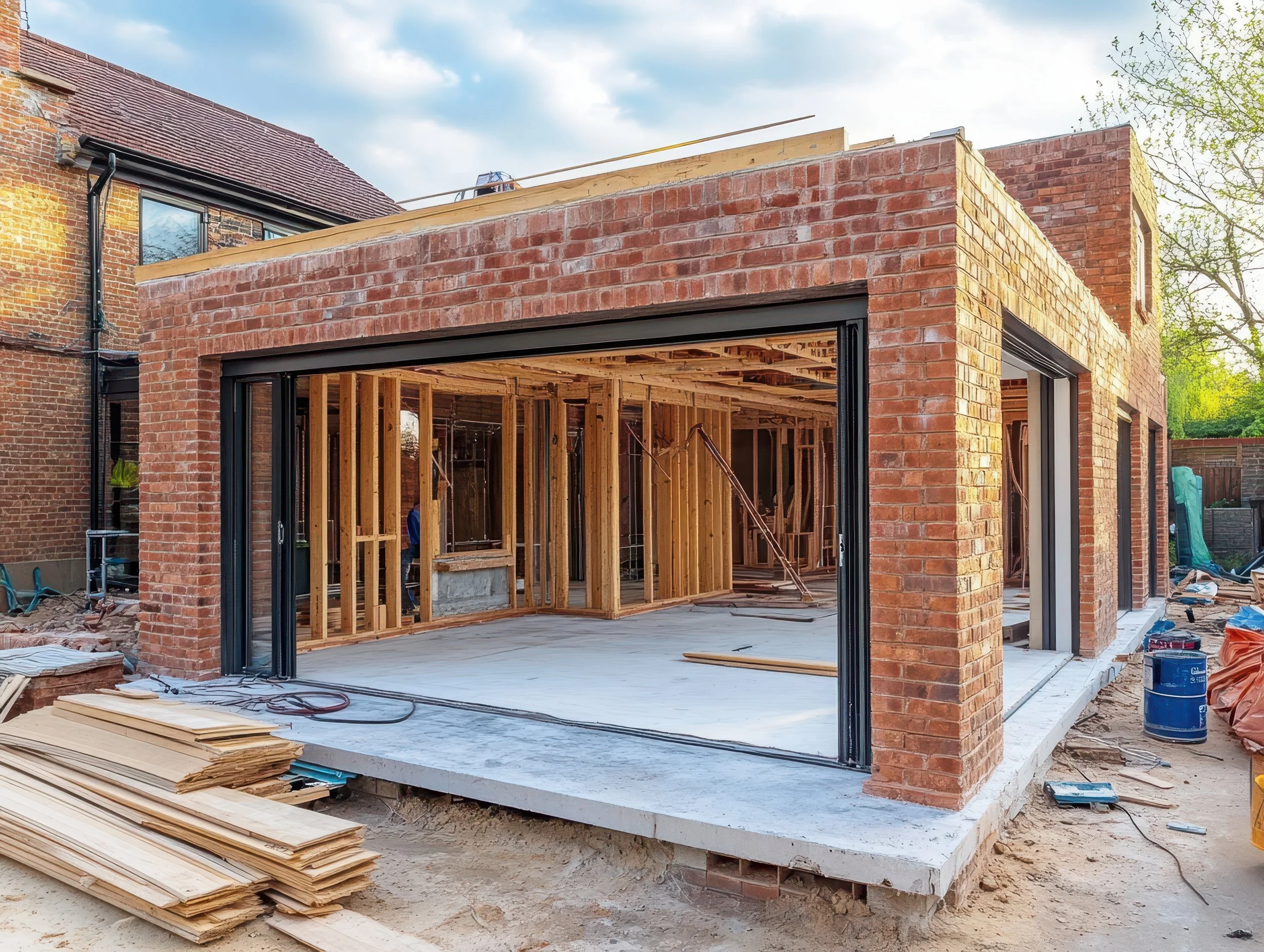 Construction site of a brick building with large open doorways and exposed wooden framing inside.