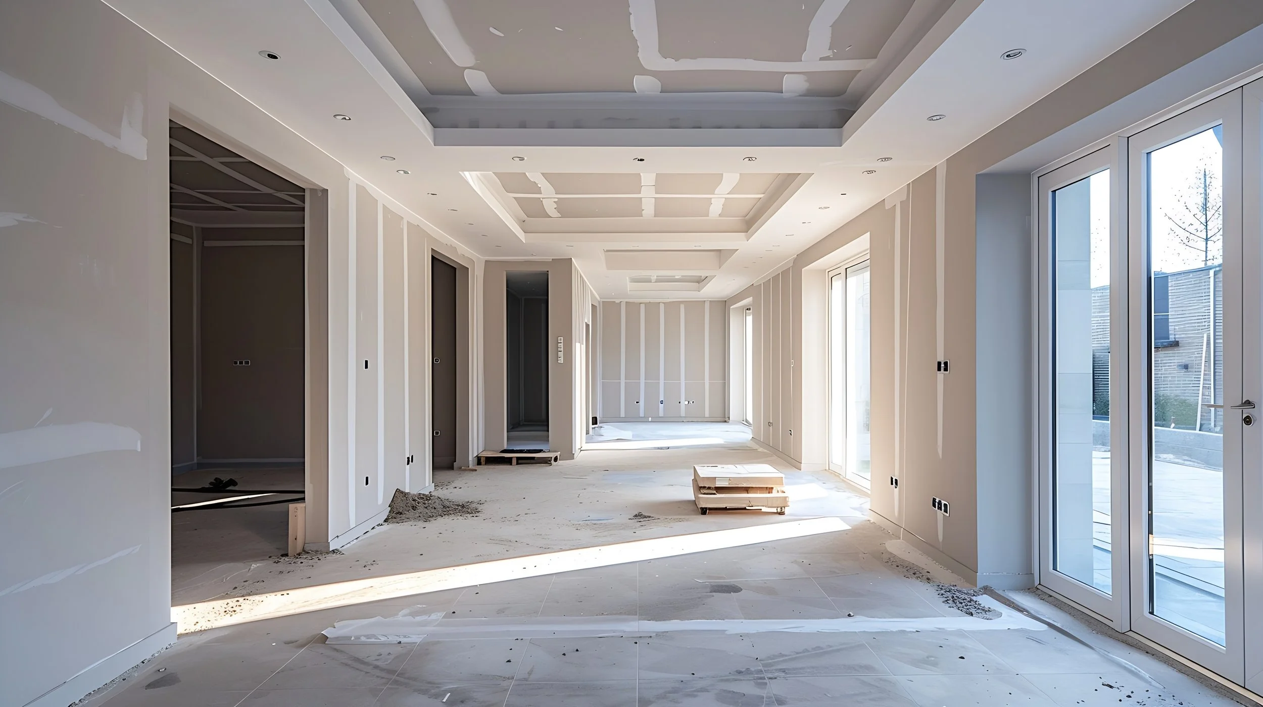 Interior of a house under construction with unfinished walls, drywall, and large windows