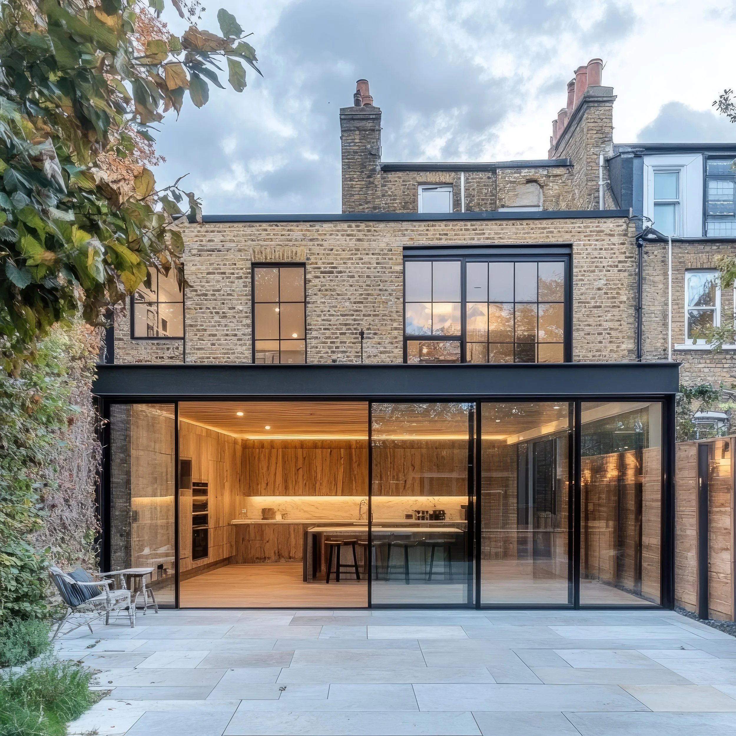 A modern rear extension of a brick house with large glass doors and windows, interior wooden kitchen with island, and outdoor patio with seating, surrounded by trees and adjacent older brick buildings.
