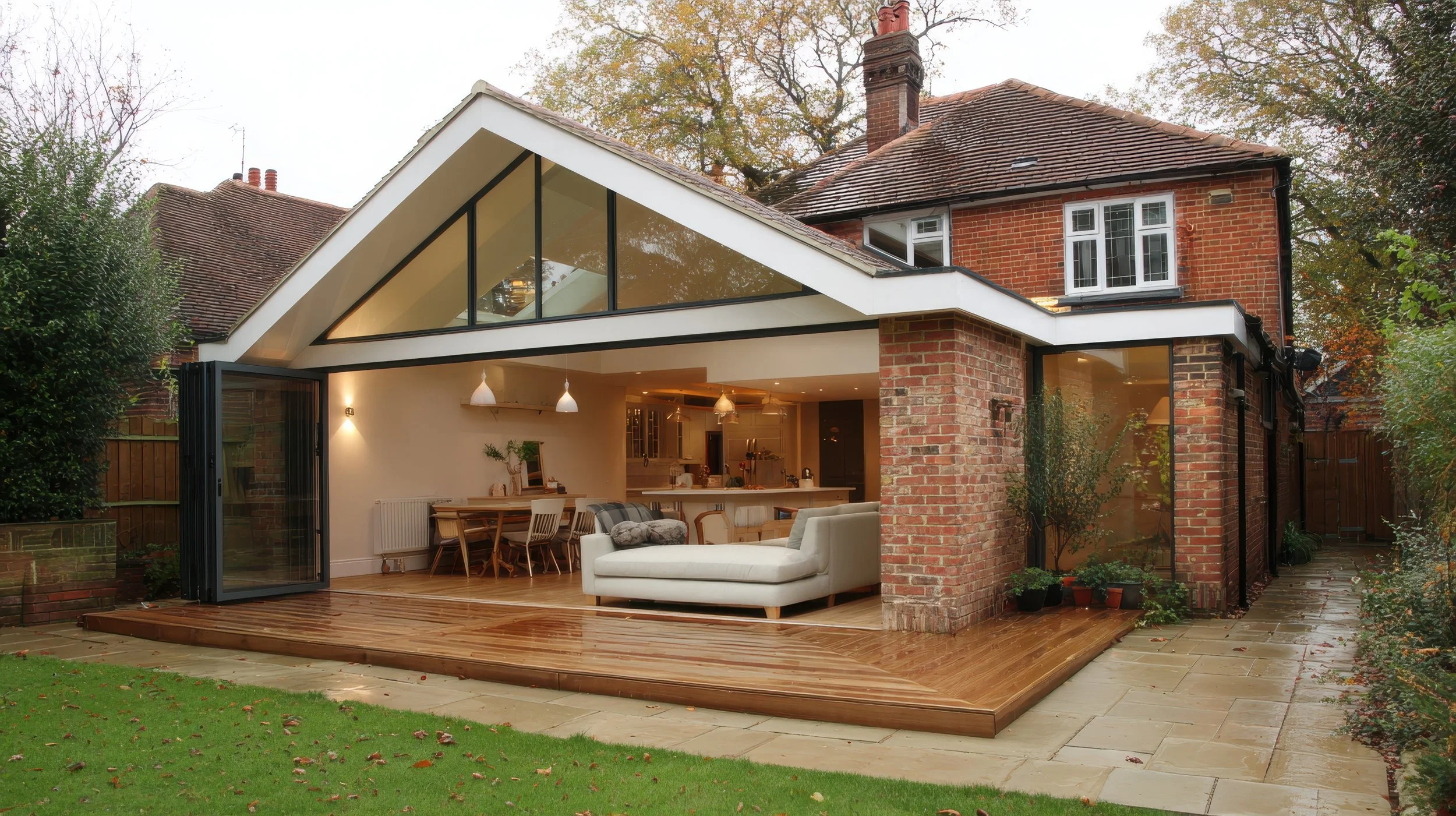 The image shows a modern extension attached to a traditional brick house with a sloped roof. The extension features large triangular glass windows and an open sliding glass door, revealing a cozy interior with a white sofa, a wooden dining table, and