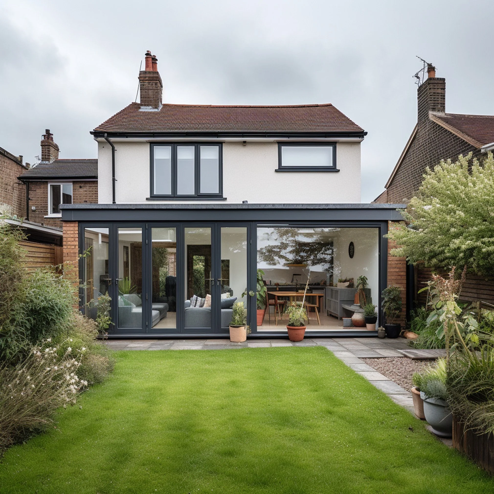 Backyard view of a two-story house with a glass extension, garden, and outdoor furniture, under a cloudy sky.