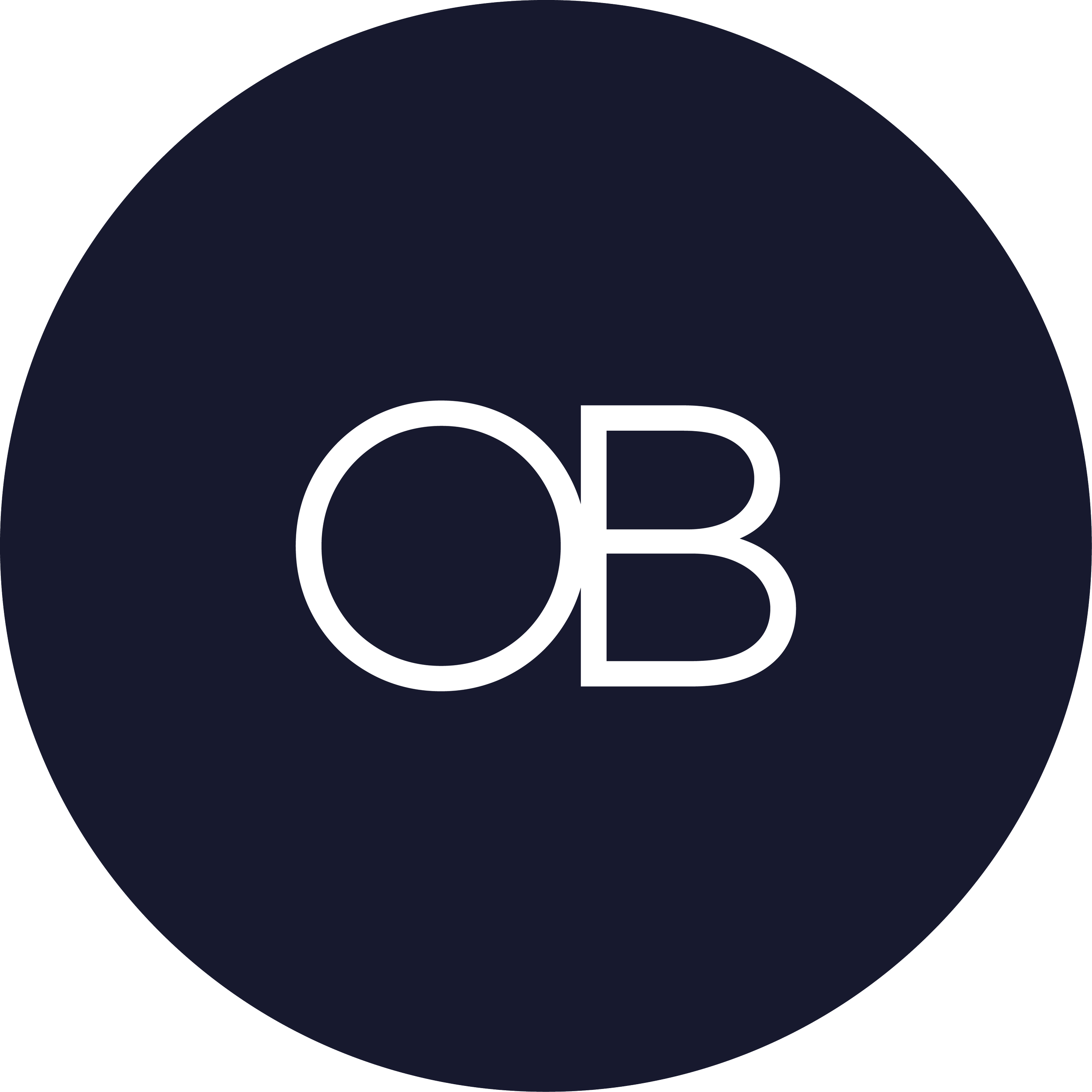 Dark blue circle with the white letters 'OB' in the center.