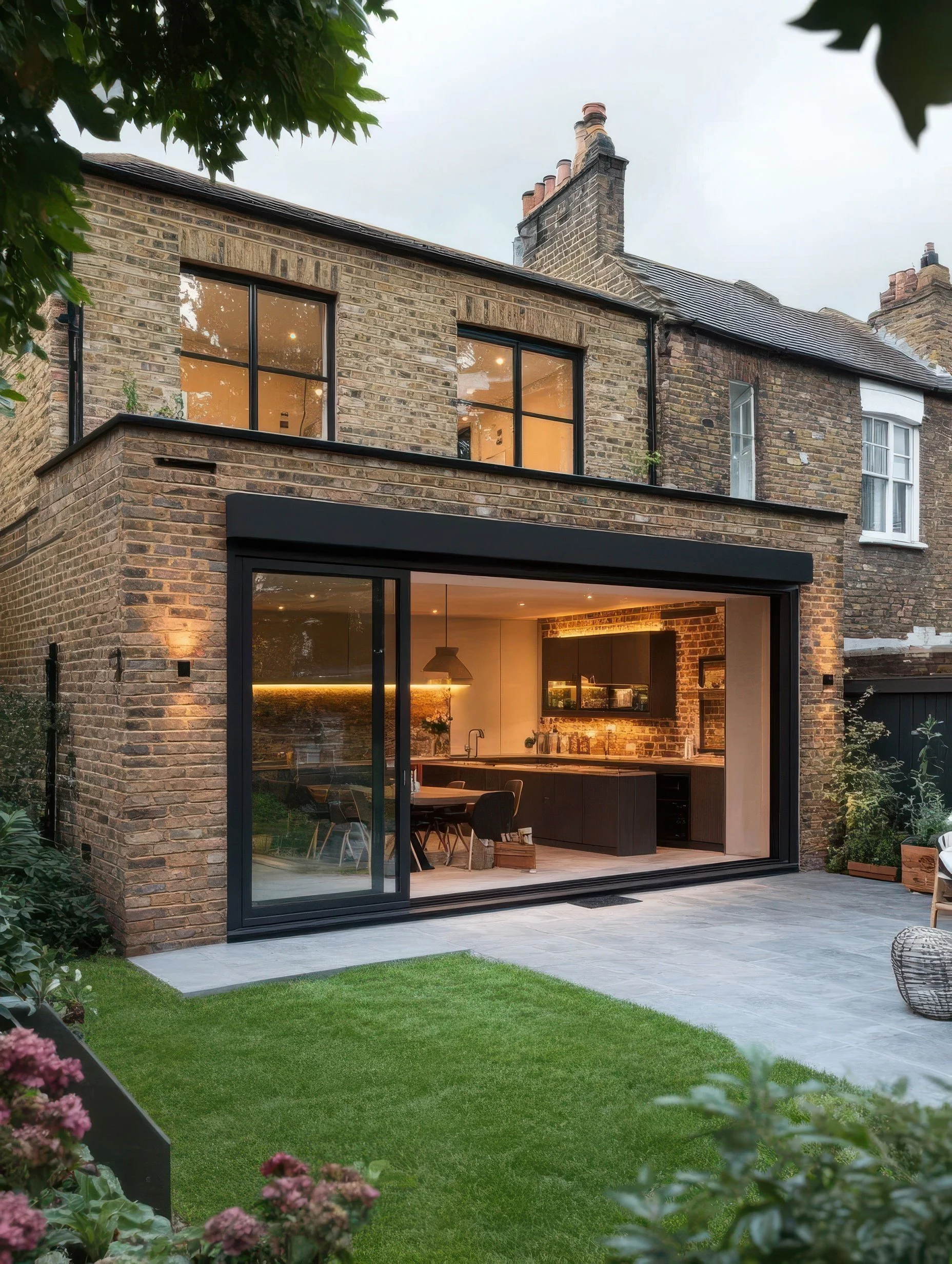 Modern brick house with large glass sliding doors revealing a contemporary kitchen and dining area, with a small lawn and garden in the foreground.