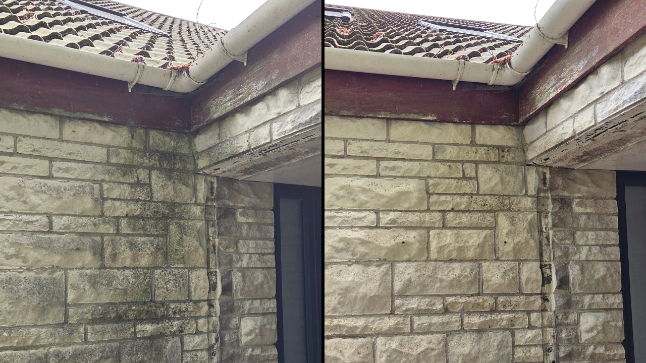 Side-by-side comparison of a brick wall corner before and after softwash cleaning, showing improved appearance and lighter color after cleaning.