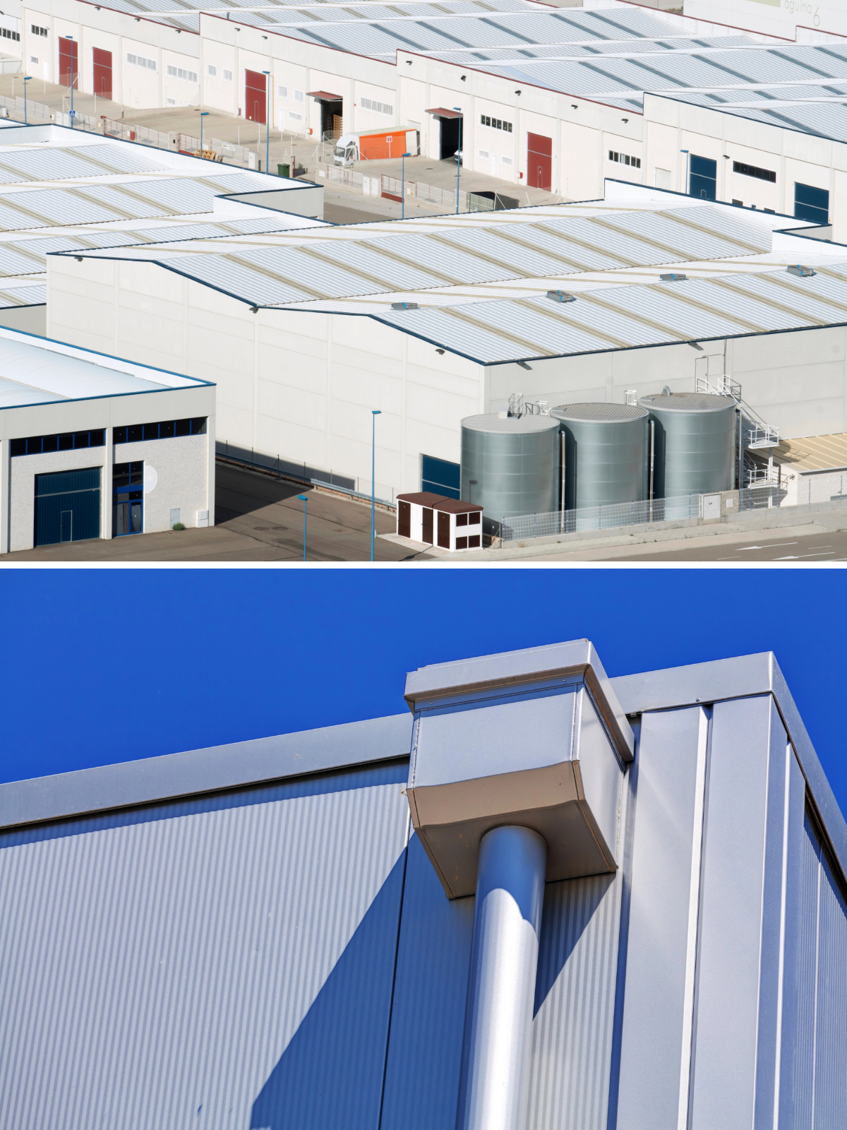 Aerial view of large industrial flat roofing waterproofing project stacked above a close-up of clean silver commercial steel guttering.