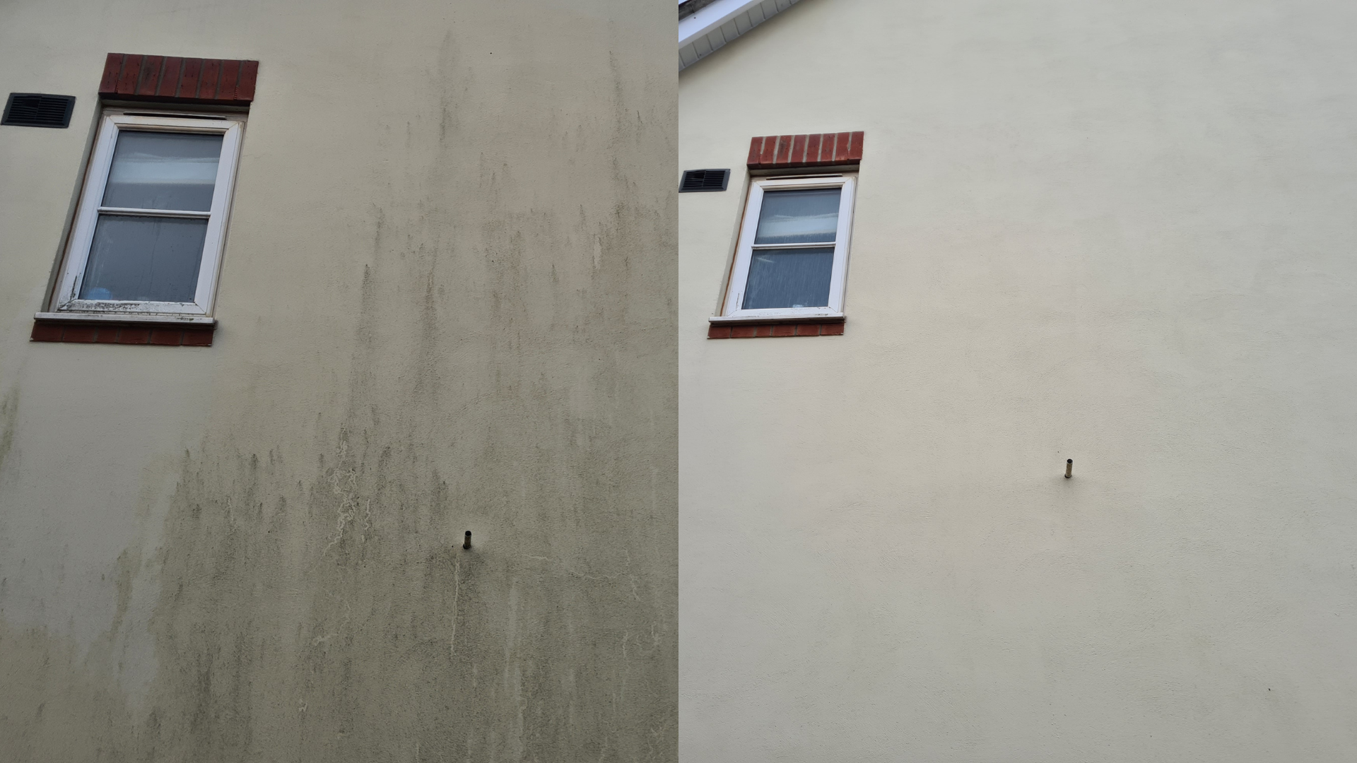 Comparison of a house wall before and after cleaning, Green algae and black mould present on wall and window frames before cleaning and bright wall and clean white frames visible after.