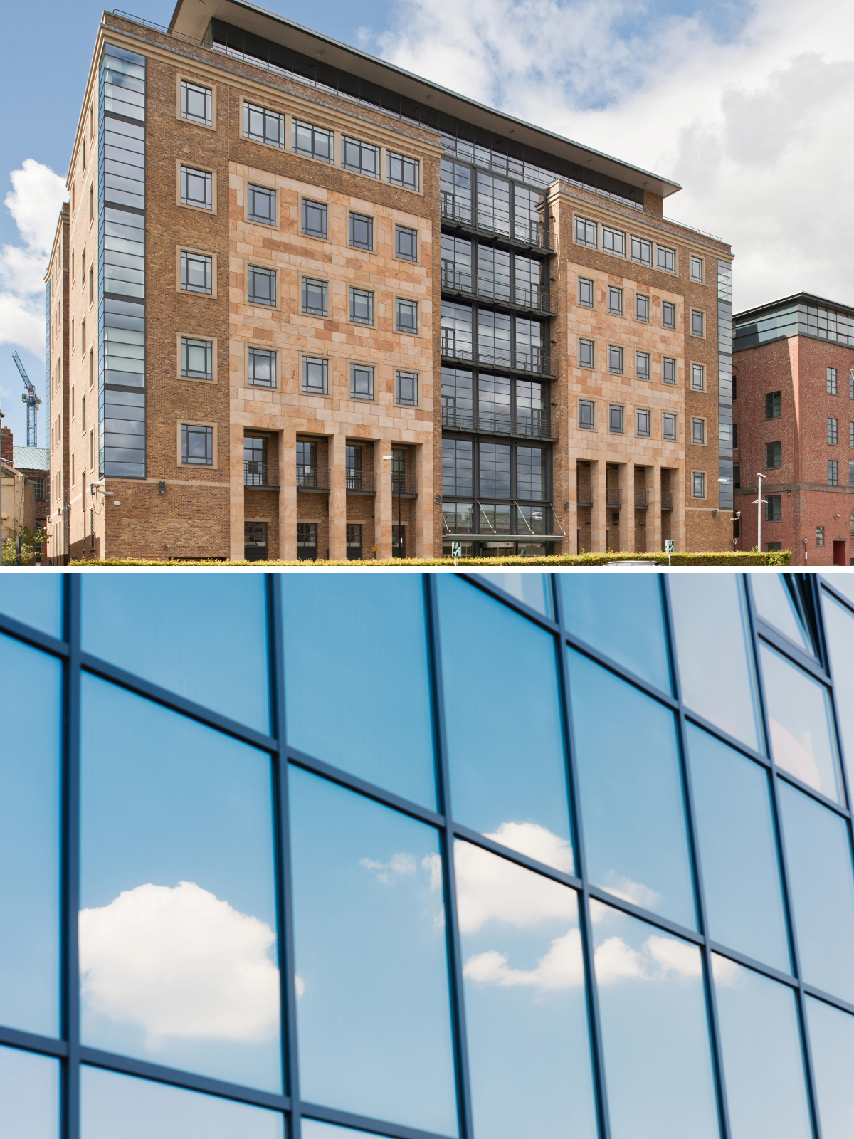 Exterior of British brick commercial office building with high-level glass atrium stacked above a close-up of clean structural glazing.