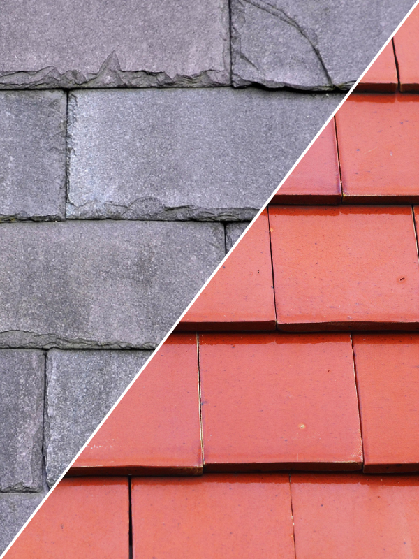 Split detail view showing natural grey slate roofing tiles on the left and traditional clay roof tiles on the right.