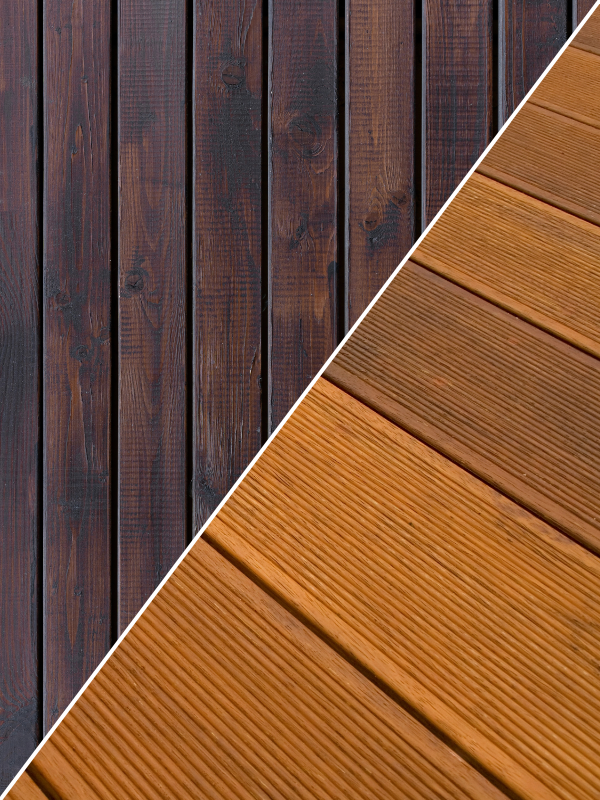 Vertical timber wall cladding texture shown next to grooved wooden garden decking boards.