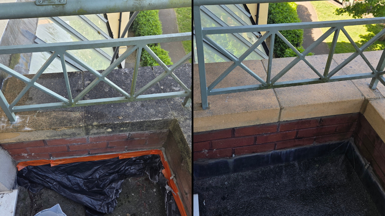 Side-by-side comparison of a balcony's exterior wall. The left shows a section with dirt, grime, moss, or mold,  while the right shows the same section after cleaning, with a cleaner brick wall and surface.