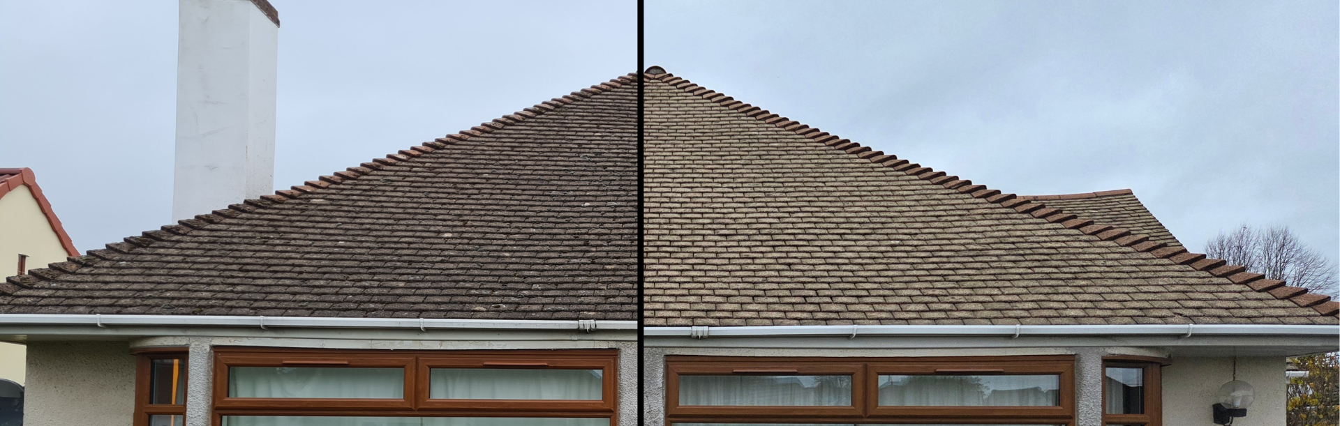 Comparison of a Bristol house roof before and after cleaning, showing dirt and moss removal with a cleaner, brighter appearance on the right side.