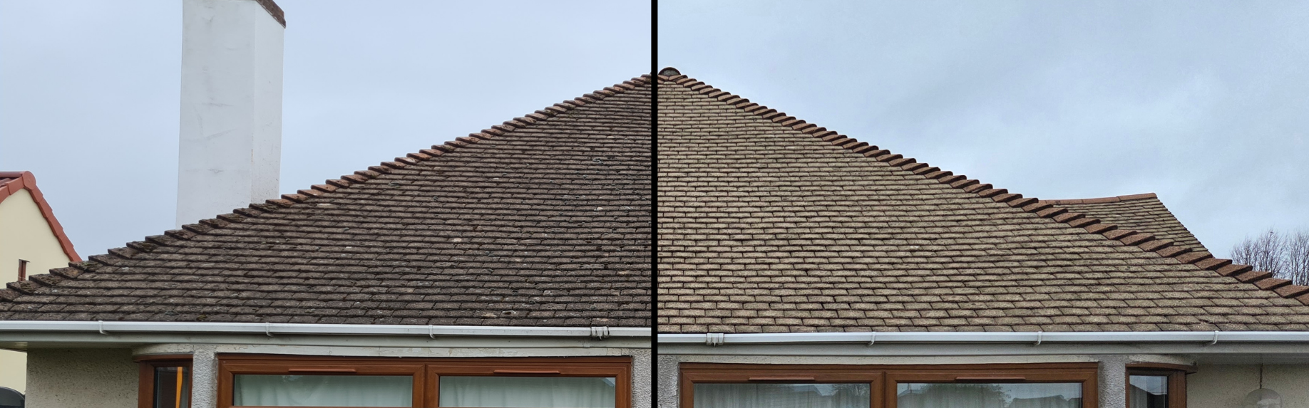 Side-by-side comparison of two rooftops with different cleaning states. The left side shows a roof covered with dirt and moss, while the right side shows a clean, well-maintained roof.