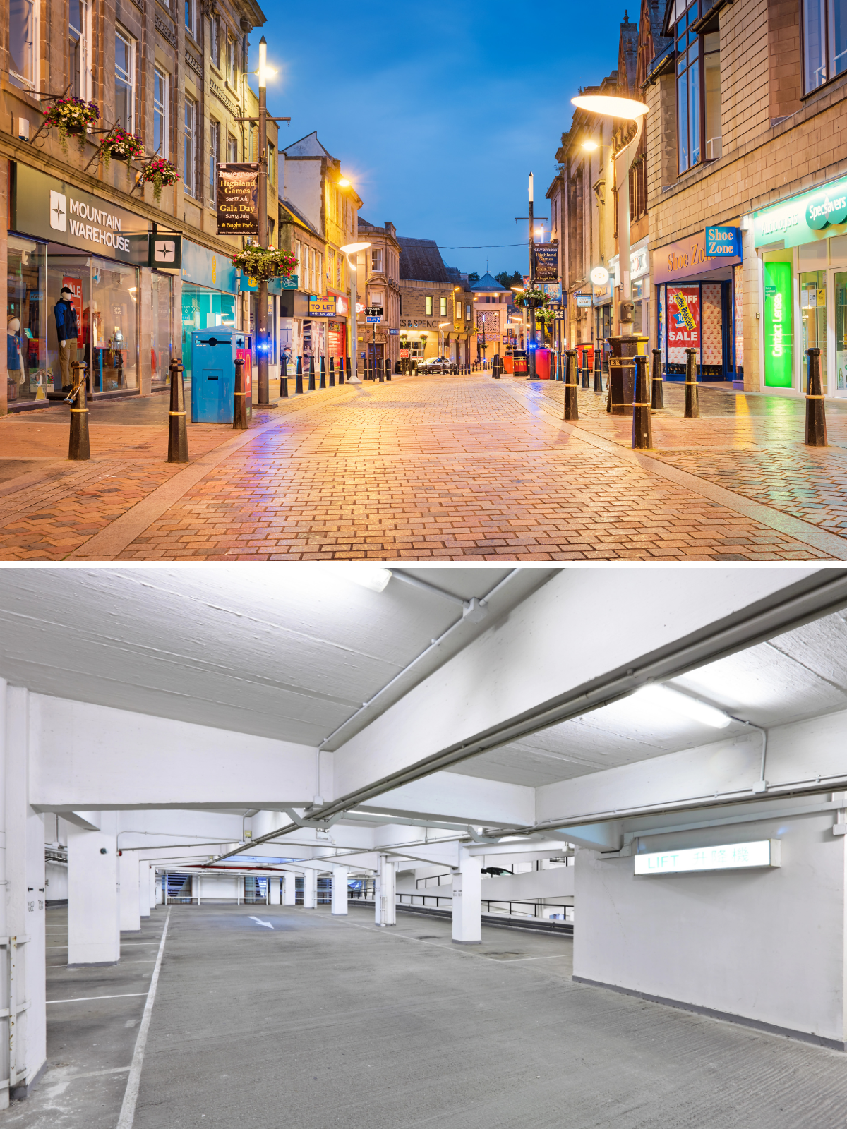 Pedestrianised UK high street paving stacked above a bright, clean multi-storey car park interior.
