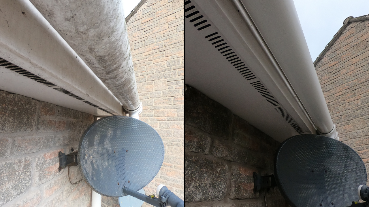 Before and after picture showing dirty gutter , soffit and aerial on the left, and on the right what it looks like after a softwash treatment.