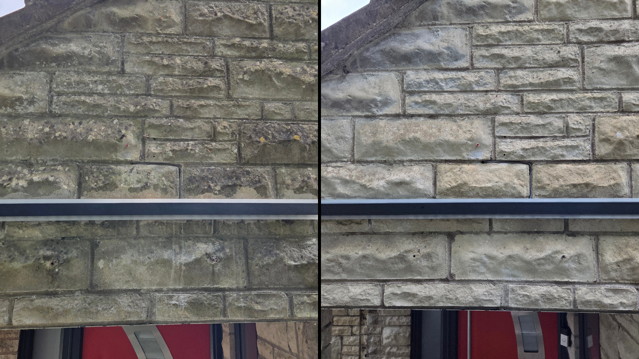 Comparison of brick wall before and after professional softwash cleaning and biocide treatment, showing the difference in appearance and cleanliness.