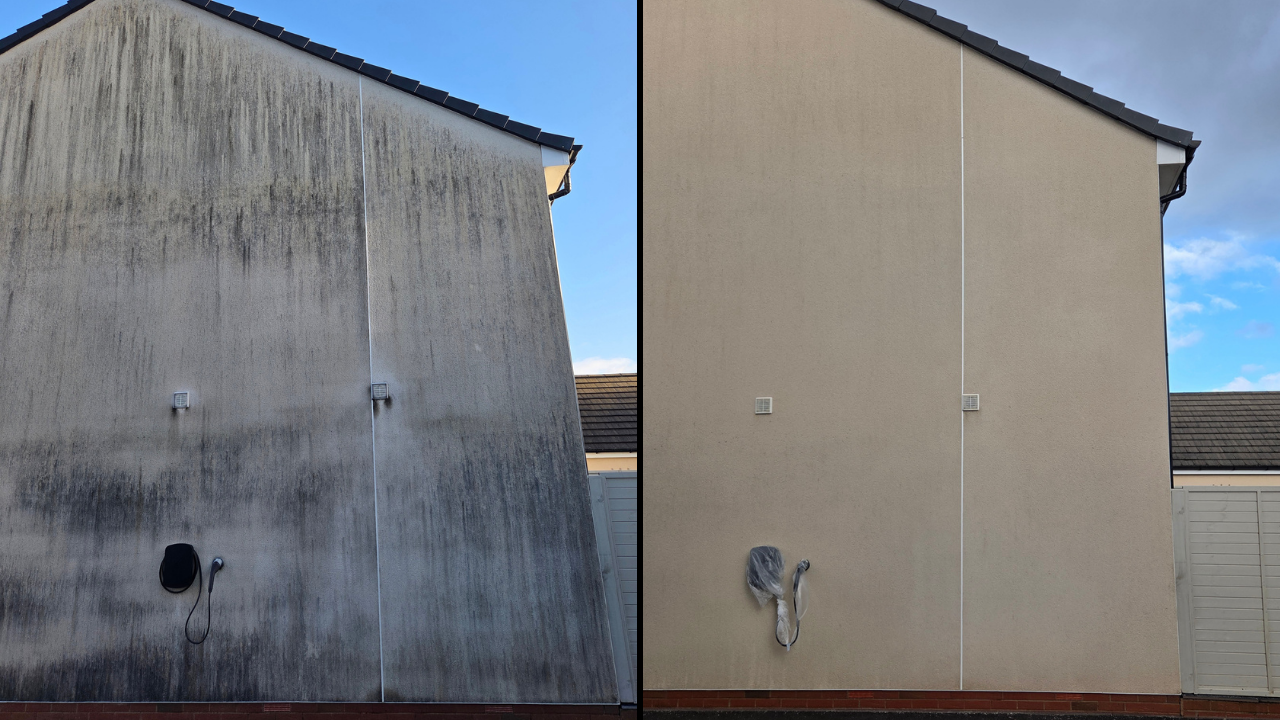 Side view of a house's exterior wall showing before and after a professional softwash cleaning. The left side is dirty with black grime, while the right side is clean and light-colored.