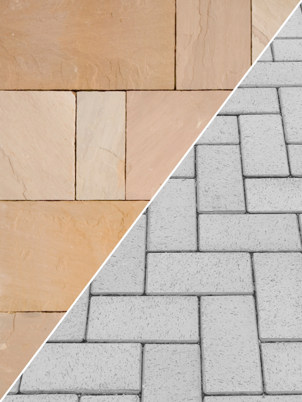 High-end sandstone terrace slabs for patios paired with herringbone block paving for residential driveways.