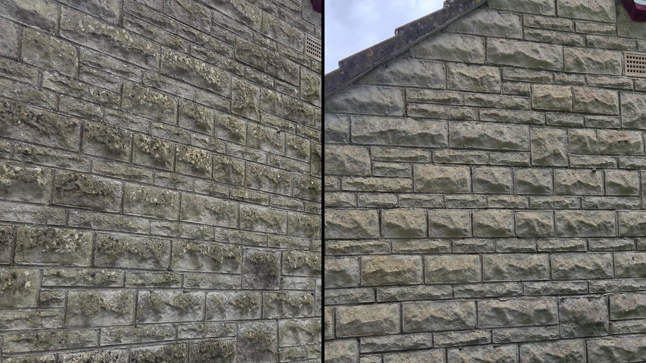 Comparison of two brick walls, one with moss and lichen growth and the other clean and well-maintained.
