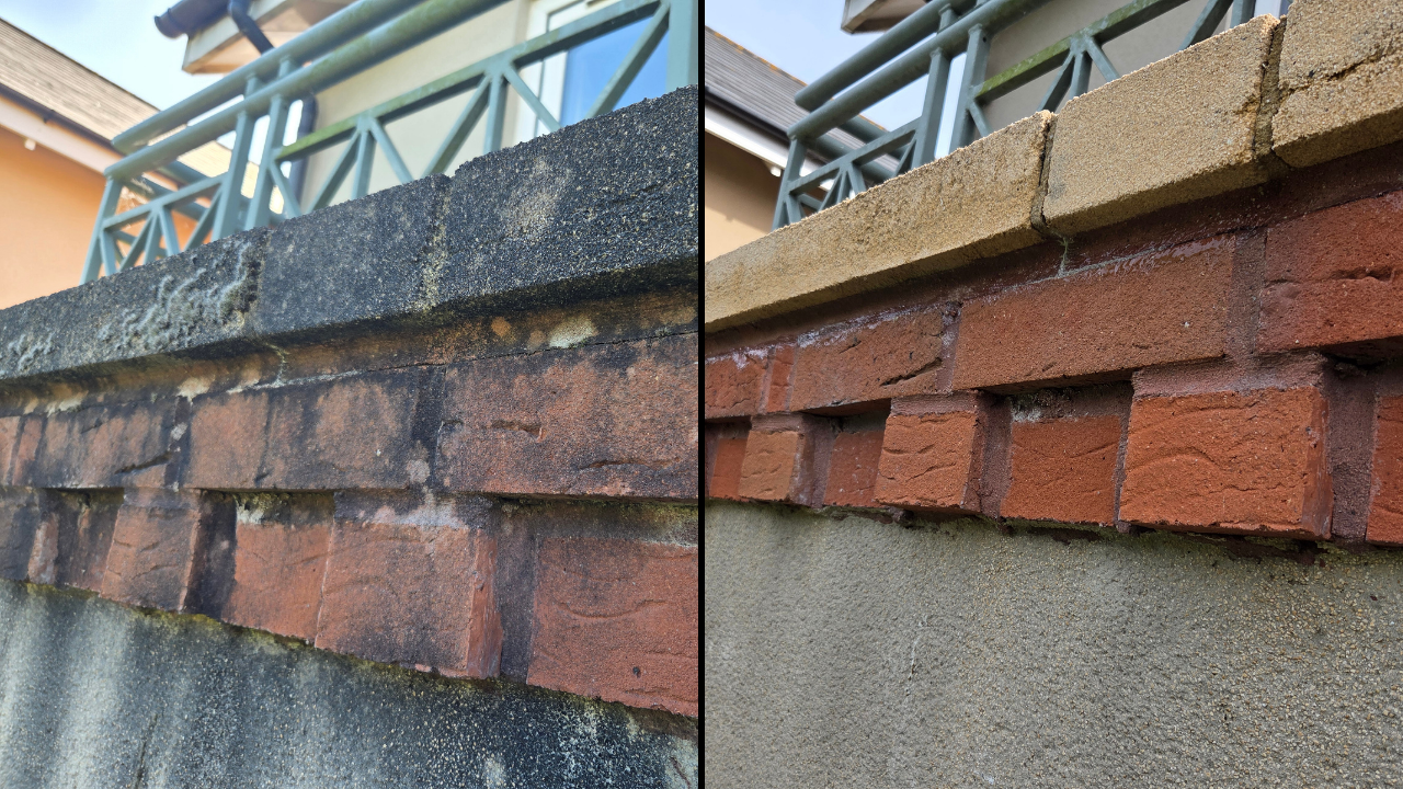 Before and after comparison of the top of a wall. The before picture shows mould gon the render, brick and stone caps, as well as moss growing out of cracks. The after picture shows the results of a professional softwash cleaning.
