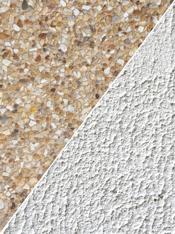 Close-up texture of smooth modern white house render contrasted with external facade wall cladding.