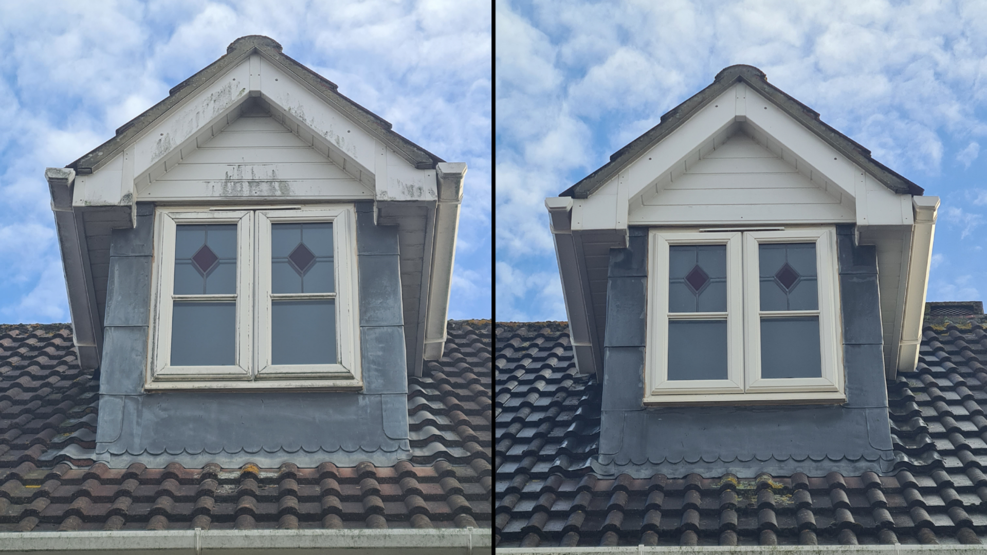 Before and after comparison of a house dormer window, showing the results of a softwash treatment on the right side.