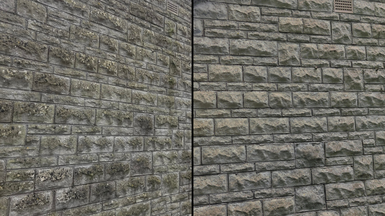 Before and after a reconstituted stone wall, one with moss and lichen growth seen in the before image,while the after image shows a clean surface.