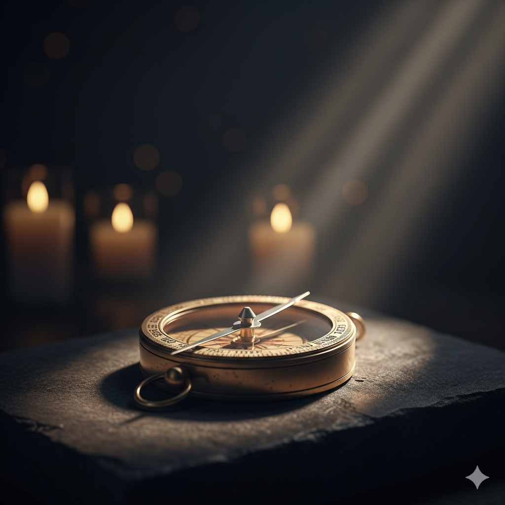 A vintage compass resting on a stone surface, illuminated by a soft beam of light, with blurred candles in the background.