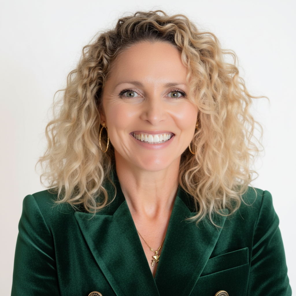 Smiling woman with curly blonde hair wearing a dark green blazer and gold jewelry against a white background.