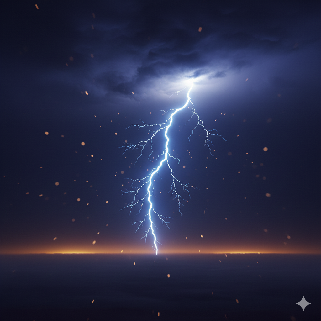 Lightning bolt striking over dark stormy sky with flying debris or sparks.